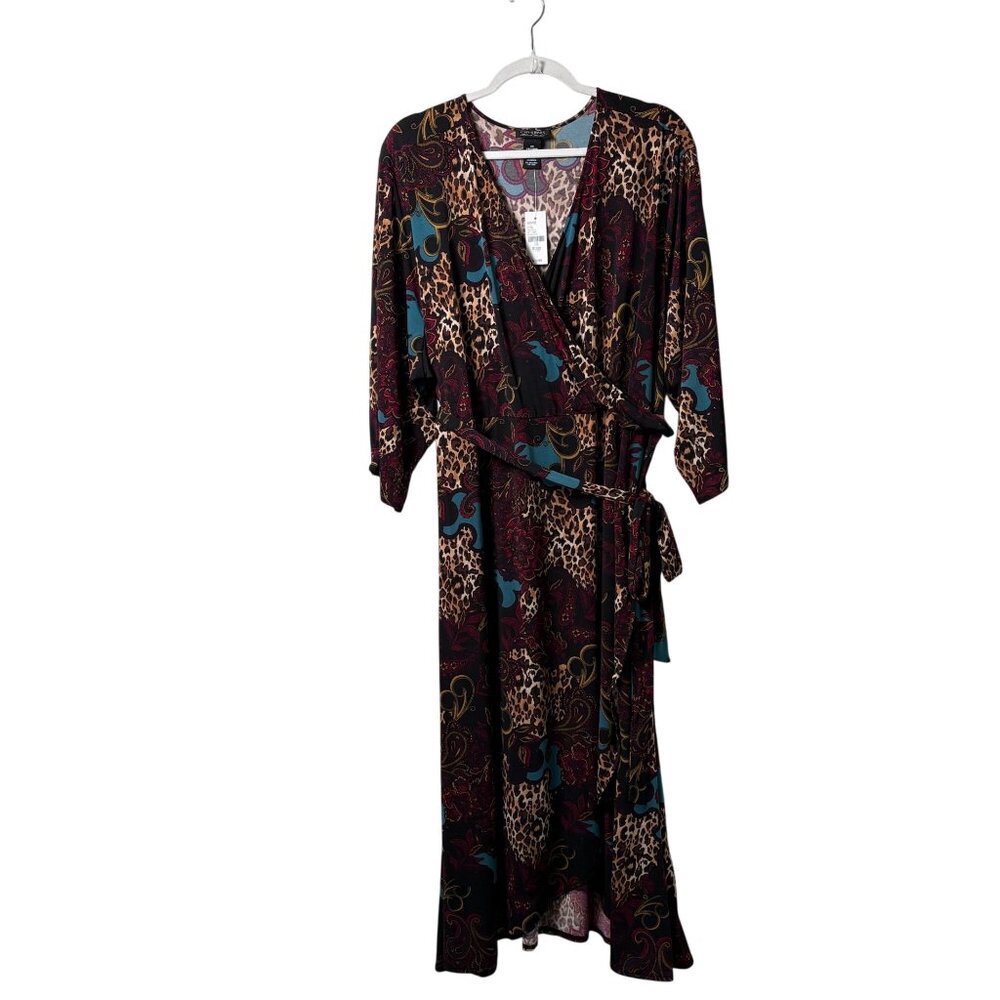 Catherines Black Label Paisley Leopard Print Wrap Dress Size 3X V Neck Belt NWT - Picture 1 of 12